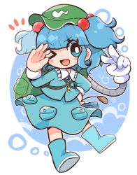Rule 34 | &gt; o, 1girl, backpack, bag, blouse, blue eyes, blue footwear, blue hair, blue shirt, blue skirt, blunt bangs, boots, cattail, flat cap, full body, green bag, green hat, hair bobbles, hair ornament, hat, ikururu, kawashiro nitori, key, long sleeves, looking at viewer, mechanical arms, one eye closed, open mouth, plant, pocket, rubber boots, shirt, short hair, skirt, smile, solo, touhou, two side up, v, v-shaped eyebrows