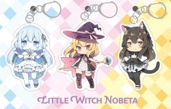 Rule 34 | 3girls, animal ears, artist request, black hair, black tail, blonde hair, blue eyes, blue hair, chibi, closed mouth, commentary, copyright name, english commentary, english text, female focus, gloves, highres, charm (object), phyllis (human) (little witch nobeta), little witch nobeta, logo, long hair, looking at viewer, multiple girls, nobeta, nonota (little witch nobeta), official art, open mouth, phyllis (human) (little witch nobeta), phyllis (little witch nobeta), second-party source, standing, tail, weapon
