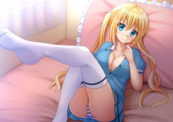 Rule 34 | 1girl, blend s, blonde hair, blue eyes, blush, breasts, cleavage, female focus, highres, hinata kaho, kazenokaze, large breasts, leg up, long hair, looking at viewer, lying, no bra, no shoes, on back, open clothes, open shirt, panties, pantyshot, pillow, shirt, skirt, solo, striped clothes, striped panties, thighhighs, twintails, underwear, wavy mouth, white thighhighs