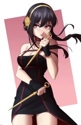 Rule 34 | 1girl, absurdres, bare shoulders, black dress, black hair, breasts, cleavage, cowboy shot, dagger, dress, dual wielding, fighting stance, flower, gold hairband, hair between eyes, hair flower, hair ornament, hair up, hairband, highres, holding, holding weapon, knife, large breasts, lipstick, looking to the side, makeup, red eyes, sidelocks, solo, spy x family, stiletto (weapon), weapon, white background, x xith x, yor briar