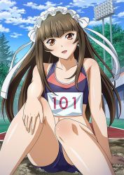 Rule 34 | 00s, 1girl, bare legs, bare shoulders, blue shorts, brown eyes, brown hair, collarbone, day, earrings, female focus, gym uniform, ikkitousen, jewelry, long hair, looking at viewer, magatama, magatama earrings, maid headdress, open mouth, outdoors, ribbon, short shorts, shorts, sitting, sky, smile, solo, ten&#039;i (ikkitousen), white ribbon