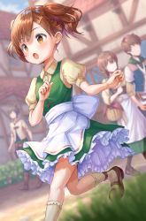 Rule 34 | 1boy, 3girls, :o, apron, brown eyes, brown footwear, brown hair, collared shirt, dress, faceless, faceless female, faceless male, frilled dress, frills, green dress, hair ornament, hairclip, hirokazu (analysis-depth), mary janes, multiple girls, open mouth, outdoors, princess connect!, princess connect!, puffy short sleeves, puffy sleeves, running, shirt, shoes, short sleeves, short twintails, socks, solo focus, sweat, twintails, white apron, yellow legwear, yellow shirt