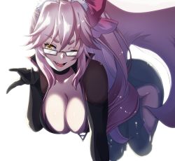 Rule 34 | 1girl, animal ear fluff, animal ears, black bodysuit, bodysuit, bow, breasts, center opening, choker, cleavage, fang, fate/grand order, fate (series), fox ears, fox girl, fox tail, glasses, hair between eyes, hair bow, highres, hip vent, koyanskaya (fate), large breasts, leaning forward, long hair, looking at viewer, one eye closed, open mouth, pink bow, pink hair, ponytail, sidelocks, smile, tail, tamamo (fate), thighs, utani (punishment), yellow eyes