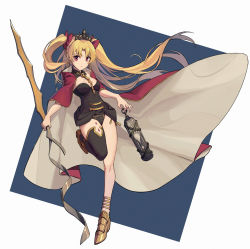 Rule 34 | 1girl, anklet, bare shoulders, birdcage, black leotard, black thighhighs, blonde hair, blue background, bow, breasts, cage, cape, chain, cleavage, closed mouth, commentary, detached collar, earrings, ereshkigal (fate), fate/grand order, fate (series), full body, hair bow, highres, holding, jewelry, leg up, leotard, long hair, looking at viewer, medium breasts, mongarit, parted bangs, purple bow, purple cape, red eyes, shoes, single thighhigh, skull, solo, spine, standing, standing on one leg, strapless, strapless leotard, thighhighs, tiara, two-tone background, two side up, very long hair
