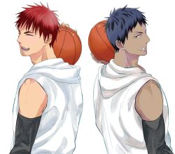 2boys aomine_daiki ball basketball_(object) blue_eyes blue_hair closed_eyes colorpanther commentary_request compression_sleeve dark-skinned_male dark_blue_hair dark_skin forked_eyebrows holding holding_ball hood hood_down hoodie kagami_taiga kuroko_no_basuke male_focus multiple_boys open_mouth red_hair sleeveless sleeveless_hoodie smile teeth upper_body white_background white_hoodie