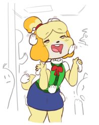 Rule 34 | 1girl, animal crossing, animal ears, blonde hair, blue skirt, blush, buck teeth, cropped legs, dog ears, dog girl, dog tail, drooling, flat chest, furry, green vest, hair bobbles, hair ornament, hair tie, half-closed eyes, hands up, happy, headpat, isabelle (animal crossing), knees together feet apart, miniskirt, neck ribbon, nintendo, open mouth, pencil skirt, red ribbon, ribbon, scorci, shirt, short hair, short sleeves, skirt, smile, solo focus, standing, tail, teeth, topknot, train interior, vest, white background, white eyes, white shirt