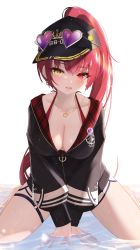Rule 34 | 1girl, :d, absurdres, badge, bare legs, baseball cap, black jacket, blush, breasts, button badge, cleavage, collarbone, earrings, eyewear on headwear, hat, heart, heart-shaped eyewear, heart necklace, heterochromia, highres, hololive, houshou marine, houshou marine (summer), jacket, jewelry, kneeling, large breasts, long hair, long sleeves, looking at viewer, necklace, open mouth, partially unzipped, ponytail, purple-tinted eyewear, red eyes, red hair, shallow water, simple background, smile, solo, sunglasses, thigh gap, thomas 8000, tinted eyewear, very long hair, virtual youtuber, water, white background, yellow eyes, zipper pull tab