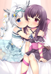 Rule 34 | 2girls, ;), ;o, ahoge, bare shoulders, black dress, black hair, blue dress, blue eyes, blue legwear, blush, cheek-to-cheek, choker, closed mouth, collarbone, commentary request, copyright request, criss-cross halter, curtains, dress, eyebrows hidden by hair, fallenshadow, feet out of frame, hair intakes, halterneck, heads together, highres, maccha, multiple girls, off-shoulder dress, off shoulder, one eye closed, parted lips, pink choker, purple eyes, see-through, seiza, short eyebrows, silver hair, sitting, smile, thick eyebrows, thighhighs, twintails, virtual youtuber