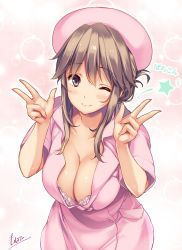 Rule 34 | 1girl, akagi mio, blush, boku to nurse no kenshu nisshi, boku to nurse no kenshuu nisshi, breasts, brown eyes, brown hair, cleavage, collarbone, commentary request, dated, double v, dress, hat, highres, large breasts, leaning forward, looking at viewer, monety, nail polish, pink dress, pink hat, pink nails, short hair, short sleeves, sidelocks, simple background, solo, star (symbol), translation request, v, white background