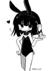 Rule 34 | 1girl, animal ears, blush, bow, bowtie, bunny day, detached collar, drink, drinking straw, fake animal ears, feet out of frame, greyscale, hand on own hip, hand up, heart, holding, holding plate, kanikan, leotard, long hair, looking at viewer, monochrome, open mouth, original, plate, playboy bunny, rabbit ears, rabbit tail, simple background, solo, standing, strapless, strapless leotard, tail, twitter username, white background