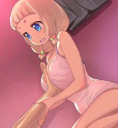Rule 34 | 1girl, a1 (initial-g), babydoll, bare shoulders, between breasts, blonde hair, blue eyes, breasts, hair bobbles, hair ornament, holding another&#039;s foot, large breasts, low twintails, multicolored hair bobbles, new game!, sakura nene, seiza, short eyebrows, short hair, sitting, smile, solo focus, spaghetti strap, twintails, v-shaped eyebrows, wet, wet clothes