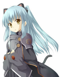 Rule 34 | 1girl, :o, armor, armored dress, bad id, bad pixiv id, cape, cat tail, eiyuu densetsu, falcom, francis de lariatte, hairband, long sleeves, looking at viewer, open mouth, pleated skirt, shoulder armor, sidelocks, silver hair, skirt, solo, tail, tio plato, white background, yellow eyes, zero no kiseki