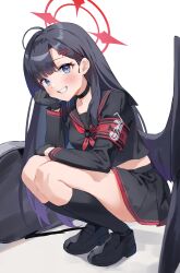 Rule 34 | 1girl, ahoge, armband, black bag, black choker, black footwear, black gloves, black hair, black sailor collar, black shirt, black skirt, black socks, black wings, blue archive, blue eyes, blush, breasts, choker, commentary, gloves, grin, hair ornament, hairclip, halo, head rest, highres, ichika (blue archive), long hair, long sleeves, looking at viewer, medium breasts, midriff, neckerchief, nitoron, pleated skirt, red armband, red halo, red neckerchief, revision, safety pin, sailor collar, shirt, skirt, smile, socks, solo, squatting, teeth, thighs, white background, wings