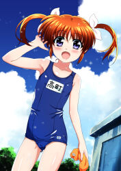 Rule 34 | 1girl, absurdres, blue one-piece swimsuit, blue sky, brown hair, cloud, commentary request, day, flat chest, highres, holding headgear, long hair, lyrical nanoha, mahou shoujo lyrical nanoha, miyajima hitoshi, name tag, old school swimsuit, one-piece swimsuit, orange headwear, outdoors, purple eyes, school swimsuit, sky, solo, sparkle, swimsuit, takamachi nanoha, twintails, unworn swim cap