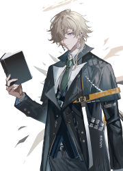 Rule 34 | 1boy, arknights, black jacket, black pants, book, closed mouth, detached wings, ear piercing, enforcer (arknights), green necktie, grey hair, hair over one eye, halo, highres, holding, holding book, jacket, jewelry, long sleeves, looking at viewer, male focus, necktie, pants, parted lips, piercing, pink eyes, signature, simple background, solo, ueauwa, white background, wings