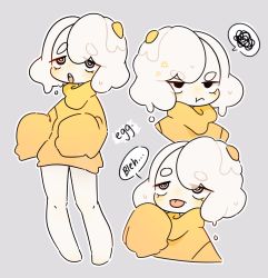 Rule 34 | 1girl, black eyes, egg, egg (food), egg (lemyawn), english text, food, grey background, highres, lemyawn, long sleeves, medium hair, multiple views, open mouth, orange sweater, original, outline, sleeves past fingers, sleeves past wrists, sunny side up egg, sweater, tongue, tongue out, white hair, white outline
