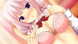 Rule 34 | 1boy, 1girl, blush, bow, bow bra, bra, breasts, dutch angle, game cg, highres, large breasts, open clothes, open shirt, pink bra, pink hair, purple eyes, red bow, red ribbon, ribbon, shibainu niki, solo focus, underwear