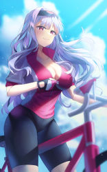 Rule 34 | 1girl, absurdres, bicycle, bike shorts, black shorts, blue sky, breasts, cleavage, collarbone, commentary request, fingerless gloves, gloves, grey hair, hairband, highres, idolmaster, large breasts, long hair, looking at viewer, outdoors, partially unzipped, purple eyes, purple hairband, purple shirt, riding, riding bicycle, shijou takane, shiromigi, shirt, shorts, sky, smile, solo, unzipping