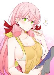 Rule 34 | !, 1girl, akashi (kancolle), alternate costume, apron, bikini, bikini under clothes, blueprint (object), gradient background, green eyes, hair between eyes, hair ribbon, kantai collection, long hair, looking at viewer, one-hour drawing challenge, pencil, pink hair, red ribbon, ribbon, rui shi (rayze ray), solo, swimsuit, swimsuit under clothes