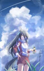 Rule 34 | 1girl, absurdres, ahoge, animal ears, black hair, blue sky, blush, bottle, buckwheat638478, cloud, cloudy sky, commentary request, earrings, hair between eyes, hand on own hip, highres, holding, holding bottle, horse ears, horse girl, horse tail, jacket, jewelry, long hair, long sleeves, manhattan cafe (umamusume), multicolored hair, outdoors, partially unzipped, red jacket, red shorts, shorts, single earring, sky, smile, solo, streaked hair, tail, tracen training uniform, track jacket, umamusume, water bottle, white hair, yellow eyes