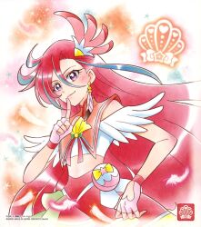 Rule 34 | 1girl, blush, cure flamingo, earrings, feather earrings, feather hair ornament, feathers, finger to mouth, fingerless gloves, gloves, hair ornament, hand on own hip, highres, jewelry, long hair, magical girl, multicolored hair, official art, pink gloves, pouch, precure, purple eyes, red hair, smile, solo, streaked hair, takizawa asuka, third-party source, tropical-rouge! precure, very long hair
