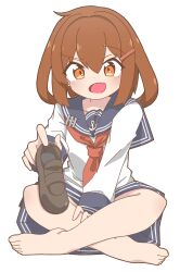 Rule 34 | 1girl, barefoot, blue sailor collar, blue skirt, brown hair, fang, hair ornament, hairclip, highres, holding, holding shoes, ikazuchi (kancolle), indian style, kantai collection, loafers, nairo, neckerchief, open mouth, pleated skirt, red neckerchief, sailor collar, sailor shirt, school uniform, serafuku, shirt, shoes, short hair, simple background, single shoe, sitting, skin fang, skirt, solo, white background, white shirt