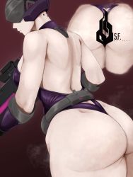Rule 34 | 1girl, android, ass, ass focus, backless leotard, bare shoulders, breasts, expressionless, girls&#039; frontline, gloves, gun, helmet, highres, huge ass, large breasts, leotard, plump, rob 110101101, sangvis ferri, solo, steaming body, vespid (girls&#039; frontline), weapon