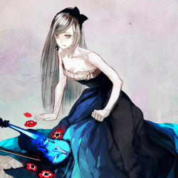 Rule 34 | 1girl, arm support, bad id, bad pixiv id, bare shoulders, blood, bow, bow (music), clenched hand, collarbone, dress, earrings, flower, grey eyes, hair bow, instrument, jewelry, long hair, original, shikishima (eiri), silver hair, simple background, solo, strapless, strapless dress, vampire, violin