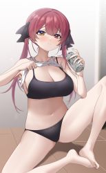 Rule 34 | 1girl, 8851 (user kpkf3322), bare legs, barefoot, beer can, black bra, black panties, black ribbon, blush, bra, breasts, can, cleavage, clothes lift, commentary, drink can, frown, hair ribbon, heterochromia, highres, holding, holding can, hololive, houshou marine, large breasts, lifted by self, long hair, navel, on floor, panties, raised eyebrows, red eyes, red hair, ribbon, shirt lift, sitting, solo, stomach, tank top, thighs, tile floor, tiles, twintails, underwear, virtual youtuber, white tank top, yellow eyes