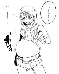 Rule 34 | 1girl, ashley graham, belly, breasts, greyscale, long hair, lowres, medium breasts, monochrome, pregnant, resident evil, resident evil 4, saliva, skirt, smile, solo, sweat, sweater, translated
