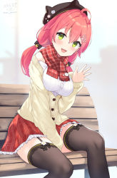 Rule 34 | 1girl, absurdres, between legs, black headwear, breasts, garter straps, green eyes, hair ornament, hairclip, hand between legs, highres, hololive, large breasts, long hair, looking at viewer, low twintails, ochinsama, open mouth, pink hair, red scarf, sakura miko, sakura miko (casual), scarf, simple background, sitting, smile, sweater, thighhighs, twintails, virtual youtuber