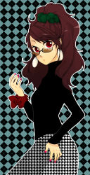 Rule 34 | 1girl, absurdres, argyle, argyle background, argyle clothes, atlus, bad id, bad pixiv id, earrings, glasses, hair tie, highres, houndstooth, jewelry, kujikawa rise, nail polish, nakatsun, persona, persona 4, pink nails, plaid, ponytail, red eyes, skirt, solo, turtleneck, unmoving pattern, wavy hair