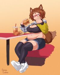 Rule 34 | 1girl, animal ear fluff, animal ears, artist name, black thighhighs, breasts, brown hair, brown tail, chimeracauldron, cleavage, closed eyes, closed mouth, commentary, commission, cropped hoodie, cup, disposable cup, dog girl, drink, drinking straw, eating, edie crop hoodie, english commentary, food, french fries, full body, glasses, gradient background, green nails, head tilt, highres, holding, holding food, hood, hoodie, indie virtual youtuber, large breasts, long sleeves, medium hair, meme attire, midriff, mint castella, napkin, navel, plump, red-framed eyewear, sandwich, semi-rimless eyewear, shoes, short shorts, shorts, simple background, sitting, sneakers, solo, table, tail, tail wagging, thick thighs, thighhighs, thighs, under-rim eyewear, virtual youtuber, white footwear, yellow background