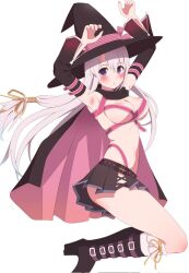 Rule 34 | 1girl, armpits, arms up, ayachi nene, belt, belt bra, black cloak, black footwear, black hat, black skirt, black sleeves, blush, boots, breasts, cleavage, cloak, commentary, curvy, detached sleeves, eyes visible through hair, feet out of frame, floating hair, from side, grey hair, hair between eyes, hair ribbon, hat, hat ribbon, hip vent, large breasts, long hair, long sleeves, looking at viewer, miniskirt, parted lips, pink belt, pink ribbon, pleated skirt, purple eyes, ribbon, sanoba witch, shiny skin, simple background, skirt, socks, solo, thighs, very long hair, white background, white socks, wide sleeves, witch, witch hat, yellow ribbon, zlmh7okwwbmghfo