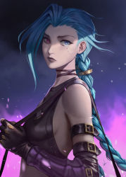 Rule 34 | 1girl, arcane: league of legends, arcane jinx, bare shoulders, blue background, blue eyes, blue hair, braid, breasts, closed mouth, commentary, crop top, english commentary, fingerless gloves, from side, gloves, heterochromia, highres, jinx (league of legends), league of legends, long hair, looking away, nibelart, pink eyes, purple background, sad, small breasts, solo, tears, two-tone background, upper body