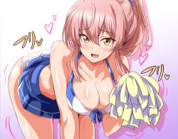 Rule 34 | 1girl, absurdres, ass, bare shoulders, bent over, blue ribbon, blue skirt, blush, breasts, cheerleader, cleavage, collarbone, eyes visible through hair, front-tie top, heart, highres, holding, holding pom poms, idolmaster, idolmaster cinderella girls, idolmaster cinderella girls starlight stage, jougasaki mika, large breasts, leaning forward, microskirt, motion lines, open mouth, panties, pink background, pom pom (cheerleading), pom poms, ponytail, ribbon, sidelocks, skirt, solo, thighs, two-tone background, underwear, washizuka shou, white background, white panties, yellow eyes