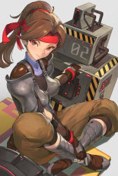 Rule 34 | 1girl, armor, armored boots, bandana, boobplate, boots, breastplate, breasts, brown gloves, brown hair, brown pantyhose, commentary, culottes, detached sleeves, english commentary, final fantasy, final fantasy vii, final fantasy vii remake, fingerless gloves, fishnet top, fishnets, full body, gloves, grey eyes, headband, highres, impossible armor, indian style, jessie rasberry, light smile, long hair, looking at viewer, machinery, medium breasts, pantyhose, pauldrons, ponytail, red bandana, red headband, shop p, shoulder armor, sitting, solo, turtleneck, wrist straps