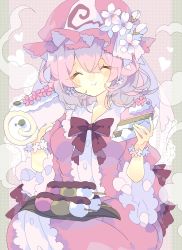 Rule 34 | 1girl, :t, alternate color, blush, bow, bowtie, cake, cherry blossoms, closed eyes, commentary, dango, dress, eating, facing viewer, feet out of frame, flower, flower bracelet, food, frilled sleeves, frills, hands up, hat, hat flower, heart, highres, hitodama, holding, holding food, medium hair, mob cap, nikorashi-ka, pink dress, pink hair, pink hat, raised eyebrows, red bow, red bowtie, saigyouji yuyuko, sanshoku dango, sitting, solo, swiss roll, touhou, triangular headpiece, wagashi, wide sleeves