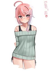 Rule 34 | 1girl, absurdres, ahoge, alternate costume, arms behind back, bare shoulders, commentary request, cowboy shot, dress, grey dress, hair ornament, highres, i-58 (kancolle), kantai collection, looking at viewer, open mouth, parted lips, pink hair, red eyes, ribbed dress, short hair, smile, solo, tf cafe, twitter username, white background
