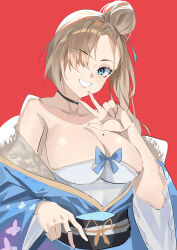 Rule 34 | 1girl, absurdres, asuna (blue archive), bare shoulders, black sash, blue archive, blue eyes, blue kimono, breasts, brown hair, cleavage, collarbone, commentary request, grin, hair bun, hair over one eye, hand up, highres, japanese clothes, kimono, large breasts, long hair, looking at viewer, obi, off shoulder, red background, sash, simple background, smile, solo, soranoki, upper body