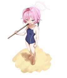 Rule 34 | 1girl, absurdres, ahoge, bare shoulders, barefoot, blue archive, blue eyes, blue one-piece swimsuit, blush, collar, fang, full body, hair between eyes, halo, heterochromia, highres, holding, holding pickaxe, hoshino (blue archive), hoshino (young) (blue archive), nonoa, nose blush, one-piece swimsuit, open mouth, pickaxe, pink halo, school swimsuit, short hair, solo, sweatdrop, swimsuit, yellow eyes