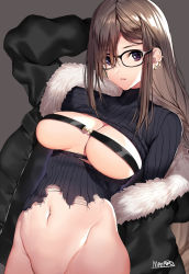 Rule 34 | 1girl, black jacket, blush, breasts, breasts out, brown hair, cleavage cutout, clothing cutout, commentary request, ear piercing, earrings, fate/grand order, fate (series), fur trim, glasses, grey background, grey sweater, hip focus, jacket, jewelry, long hair, long sleeves, looking at viewer, mataro (matarou), medium breasts, navel, open clothes, open jacket, piercing, purple eyes, ribbed sweater, simple background, solo, sweater, torn clothes, torn sweater, yu mei-ren (fate)