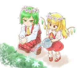 Rule 34 | 2girls, ascot, blonde hair, blush, chamaji, commentary request, crystal, flandre scarlet, flower, frilled legwear, frilled shirt collar, frills, green hair, head wreath, kazami yuuka, long sleeves, looking at another, medium hair, multiple girls, one side up, plaid, plaid skirt, plaid vest, red eyes, red footwear, red skirt, red vest, shirt, short hair, short sleeves, side ponytail, skirt, skirt set, smile, squatting, touhou, vest, water, watering, watering can, white shirt, wings, yellow ascot