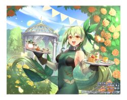 Rule 34 | 10s, :d, arch, blue sky, bow, breasts, brown eyes, brown gloves, bush, cake, cake slice, company name, cup, day, dessert, detached sleeves, dress, drink, floral arch, flower, food, gazebo, gloves, green bow, green dress, green hair, hair between eyes, holding, holding tray, long hair, looking at viewer, low-tied long hair, medium breasts, official art, open mouth, ori simo, outdoors, sky, smile, standing, string of flags, teacup, teapot, tray, tree, very long hair, watermark, wixoss, yellow flower