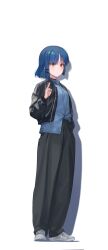 Rule 34 | 1girl, black jacket, black pants, blue hair, blue shirt, bocchi the rock!, closed mouth, collared shirt, dot mouth, dress shirt, fashion, full body, ggoc ill, hair between eyes, hair ornament, hairclip, hand in pocket, highres, jacket, leather, leather jacket, looking away, mole, mole under eye, open clothes, open collar, open jacket, pants, shadow, shirt, shirt partially tucked in, shoes, short hair, simple background, sneakers, solo, standing, v, white background, white footwear, yamada ryo, yellow eyes