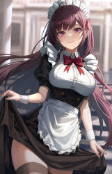 Rule 34 | 1girl, ahoge, apron, black dress, black thighhighs, blurry, blurry background, bow, bowtie, breasts, brown hair, cowboy shot, dress, floating hair, frills, grin, light particles, long hair, maid, maid headdress, medium breasts, mookyuu9, original, puffy short sleeves, puffy sleeves, purple eyes, red bow, red bowtie, short sleeves, sidelocks, skirt hold, smile, stairs, taut clothes, taut dress, thighhighs, thighs, waist apron, white apron, white wrist cuffs, wrist cuffs