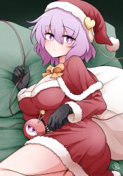 Rule 34 | 1girl, bare legs, black gloves, blush, breasts, bright pupils, capelet, dress, feet out of frame, fur-trimmed capelet, fur-trimmed dress, fur-trimmed headwear, fur trim, gloves, hair between eyes, hat, highres, komeiji satori, large breasts, looking at viewer, lying, on side, pink eyes, pink hair, red capelet, red dress, red hat, sack, santa costume, santa hat, scavia10, short hair, solo, third eye, touhou, white pupils