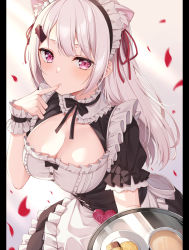 Rule 34 | 1girl, :o, alternate costume, animal ear fluff, animal ears, apron, black dress, blush, breasts, cat ears, cleavage, dress, enmaided, finger to mouth, frilled apron, frills, hair ornament, hairclip, hand up, highres, looking at viewer, maid, maid headdress, medium breasts, nijisanji, parted lips, petals, pillarboxed, puffy short sleeves, puffy sleeves, purple eyes, shiina yuika, shiina yuika (5th costume), short sleeves, silver hair, solo, virtual youtuber, white apron, wrist cuffs, yuuri nayuta