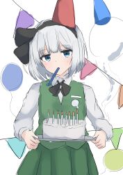 Rule 34 | 1girl, absurdres, birthday cake, black bow, black bowtie, black hairband, black ribbon, blue eyes, blue headwear, blunt bangs, blunt ends, bob cut, bow, bowtie, cake, candle, collared shirt, covered mouth, cowboy shot, expressionless, food, green skirt, green vest, grey hair, grey shirt, hair ribbon, hairband, hat, highres, hitodama, hitodama print, holding, holding plate, konpaku youmu, konpaku youmu (ghost), light blush, long sleeves, looking at viewer, mouth hold, party hat, party horn, pennant, plate, pleated skirt, red headwear, refuson man, ribbon, shirt, short hair, sketch, skirt, solo, touhou, unfinished, vest, white background