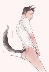 Rule 34 | 1boy, animal ears, ass, bottomless, brown hair, connor (detroit), detroit: become human, dog ears, dog tail, male focus, solo, tagme, tail